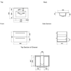 Bath & Co Vanity VCBC Zara 600 Wall-Hung Vanity | 1 Basin + 2 Drawers