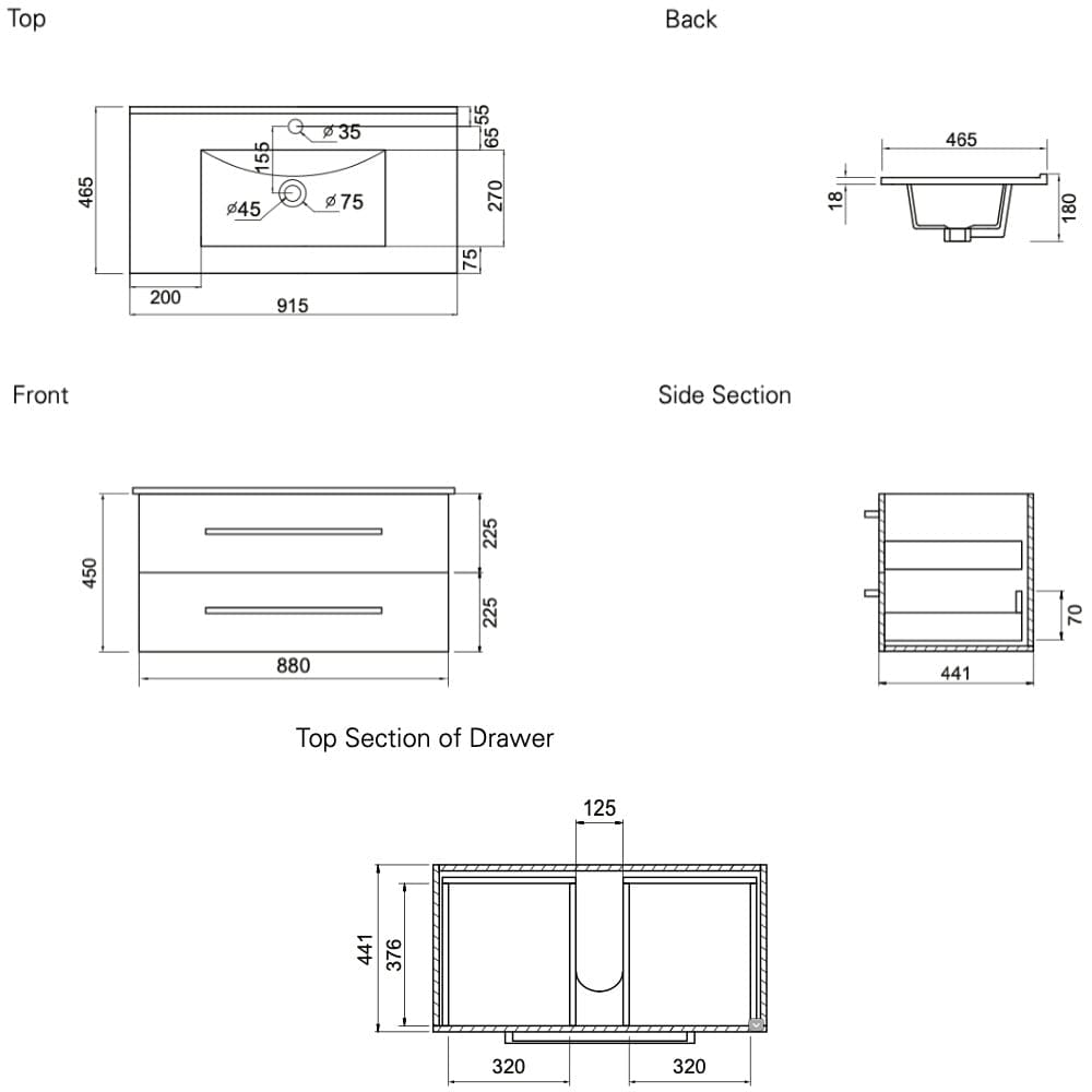 Bath & Co Vanity VCBC Zara 900 Wall-Hung Vanity | 1 Basin + 2 Drawers